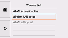Wireless LAN screen with Wireless LAN setup selected