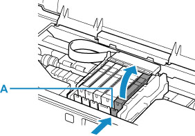Press the tab (A) and lift the ink tank out of the printer. Do this for each ink tank