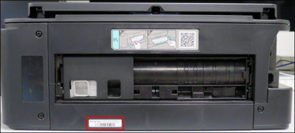 Serial number on the back of the printer (outlined in red)