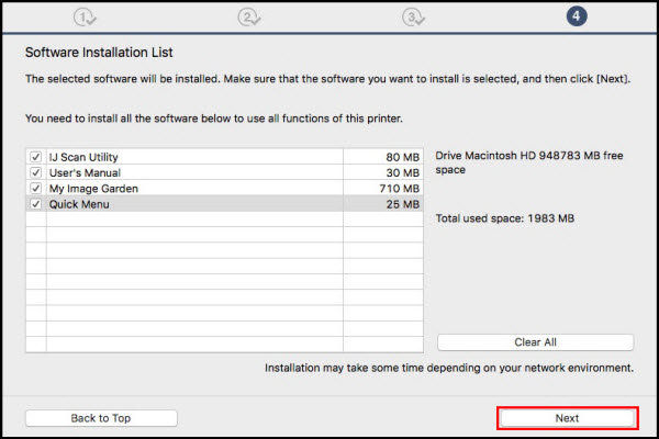 Software Installation List: Select the software to install, then click Next (outlined in red)