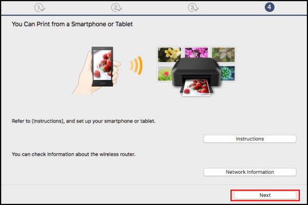 You Can Print from a Smartphone or Tablet screen, Next button outlined in red
