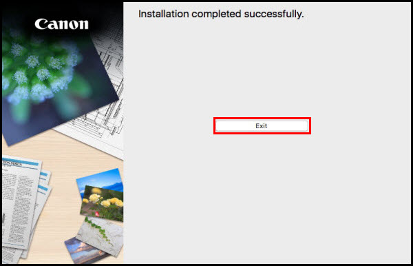Installation completed successfully screen, Exit button outlined in red