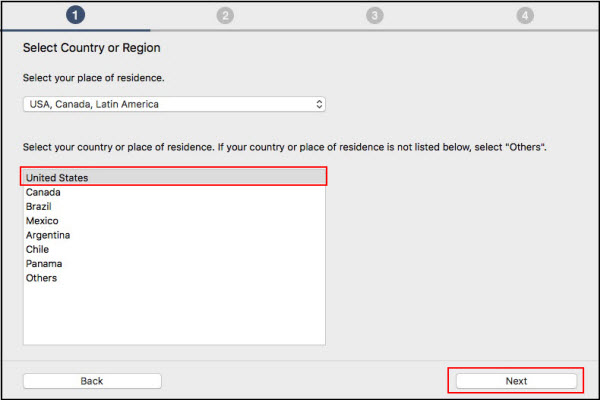 Screen: Select Country and Region from drop down menu, then select Next button