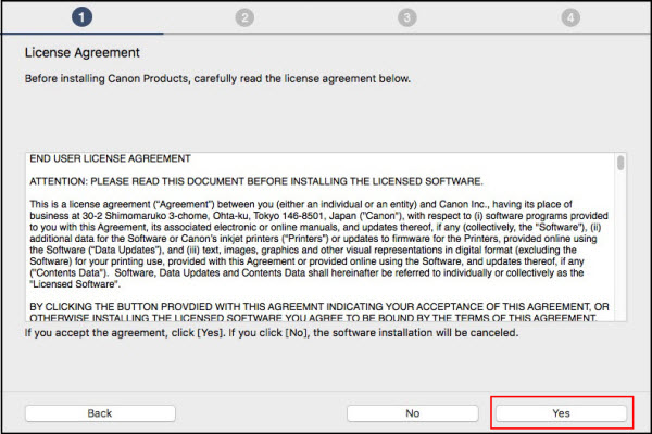 Read the license agreement, then click Yes (outlined in red) to proceed. Clicking No will cancel the setup process