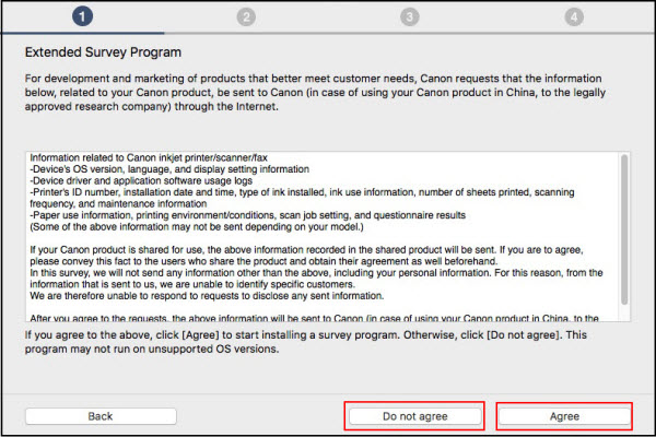 Extended Survey Program screen: Select Do not agree or Agree (both buttons outlined in red) to proceed