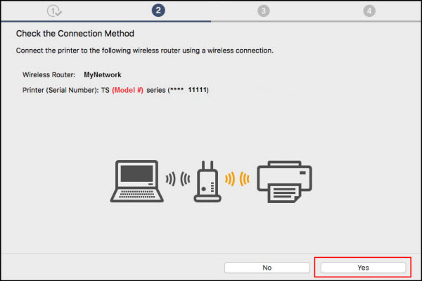 Check the Connection Method screen: Make sure your printer appears in this window, then click Yes (outlined in red)