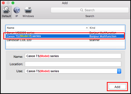 Add window, Canon TS series listing and Add button outlined in red. Name and Use fields indicate Canon TS (Model) series