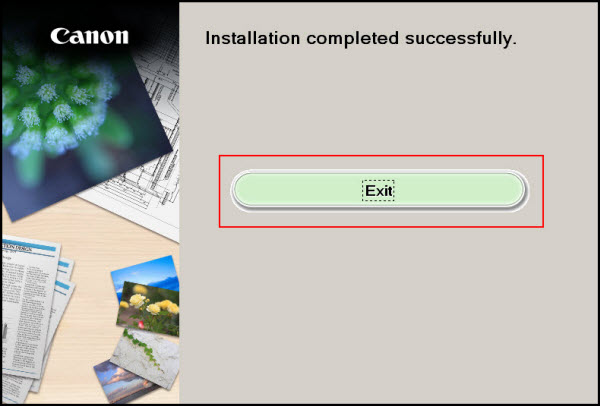 Installation completed successfully. Click Exit (outlined in red)