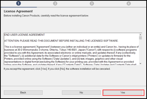 Read the license agreement, then click Yes (outlined in red) to proceed