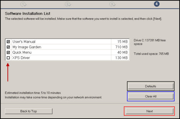 Software Installation List: Select any software you want to install, then click Next (outlined in red)