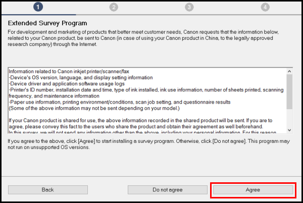 Extended Survey Program screen: Read the information, then click Agree (outlined in red) or Do not agree to proceed