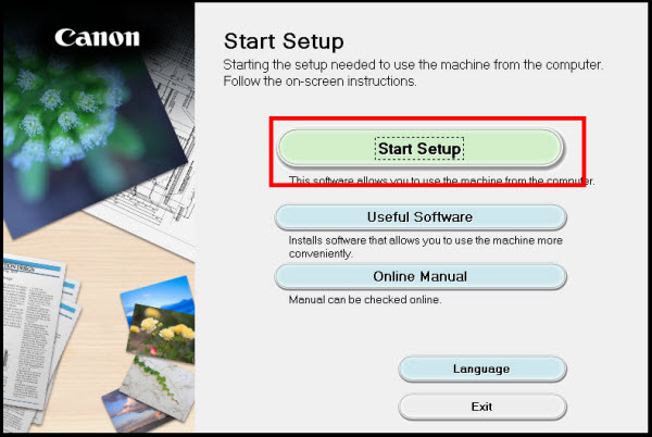 Start Setup button selected on the Start Setup screen