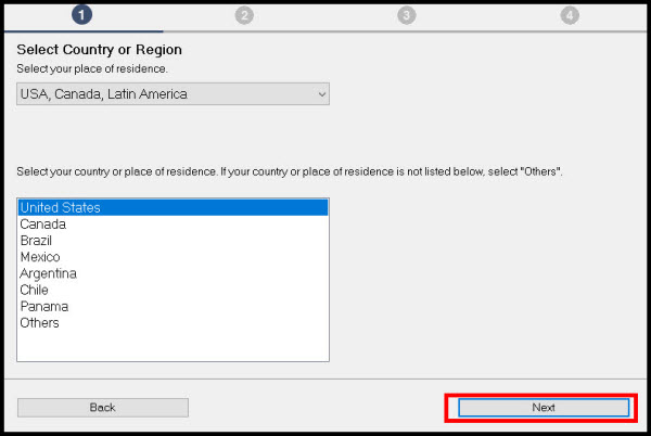 Select Country or Region, then Next 