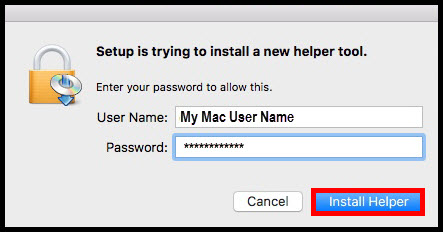 User Name and Password entered in the fields, then Install Helper button shown selected at bottom right.