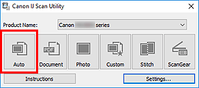 figure: IJ Scan Utility with Auto selected at far left