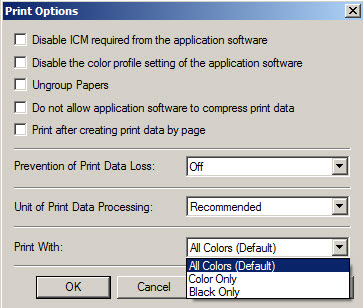 Drop down list under "Print With:" shown. Choices are All Color (Default), Color Only, Black Only