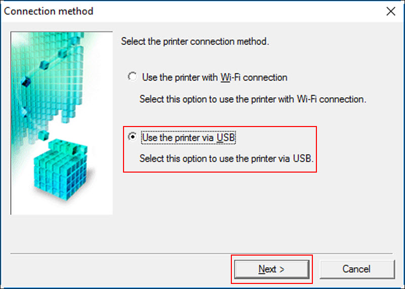 Select Use the printer via USB, then click Next (outlined in red)