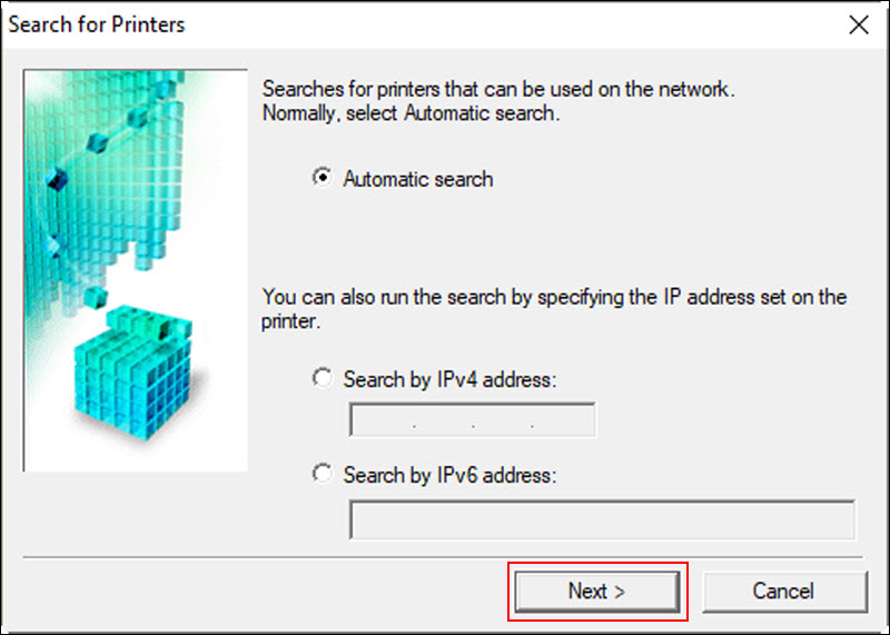 With Automatic search selected, click Next (outlined in red)