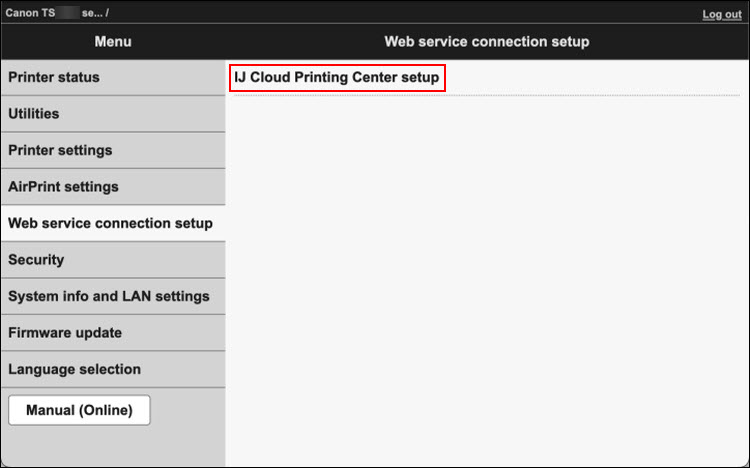 IJ Cloud Printing Center setup outlined in red