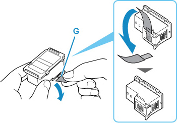 Take a new ink cartridge out of its package and remove the protective tape (G) gently