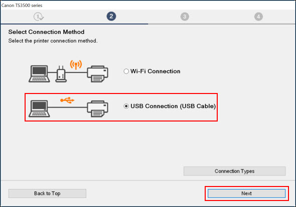 Select USB Connection (USB Cable) and click Next (both outlined in red)