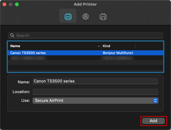 Select the Canon TS3500 series listing. Select AirPrint or Secure AirPrint for Use:, then click Add (outlined in red)