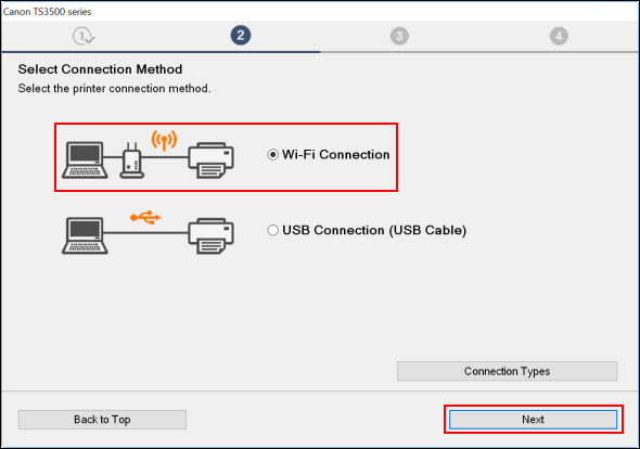 Select Wi-Fi Connection and click Next (both outlined in red)