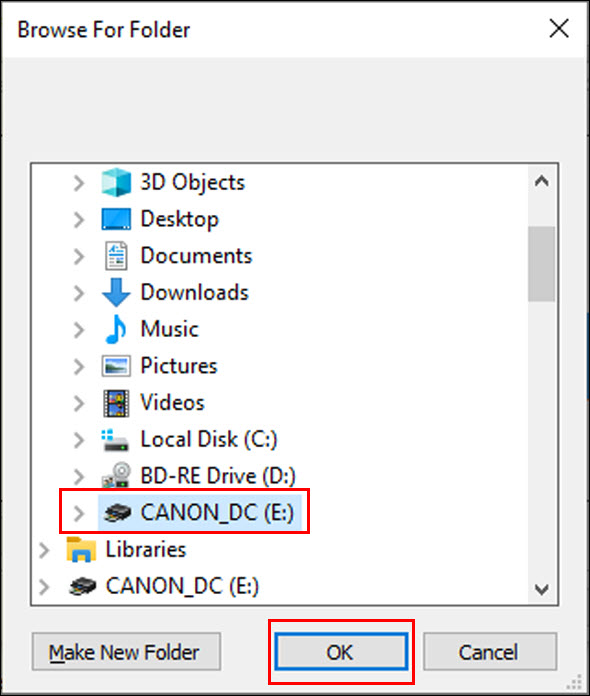 Select the memory card in the Browse For Folder window and click OK (outlined in red)