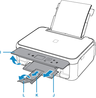 Printer shown with operation panel opened, the paper output tray and paper support pulled, and the output tray extension opened