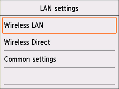 LAN settings screen: Select Wireless LAN