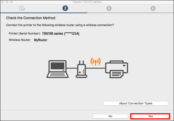 Check the Connection Method screen, Yes button outlined in red
