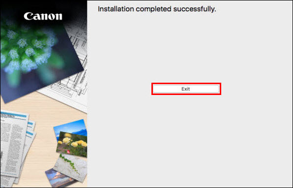 Installation comppleted successfully screen, Exit button outlined in red