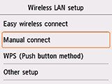 Wireless LAN setup screen: Select Manual connect