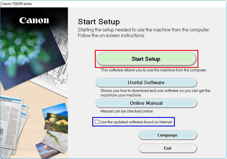 Start setup select from Start Setup screen