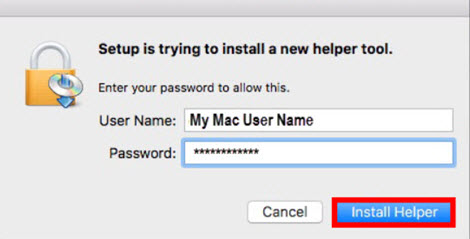 Computer name and password entered, then Install Helper button selected.