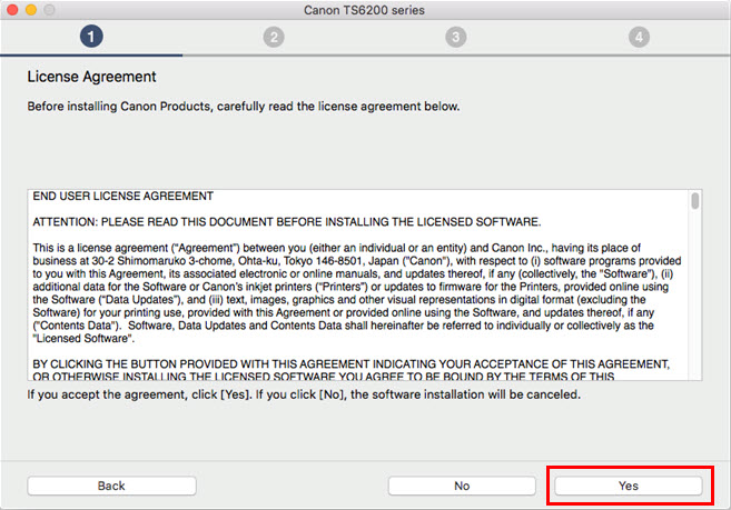 License Agreement screen. Yes must be selected to continue.