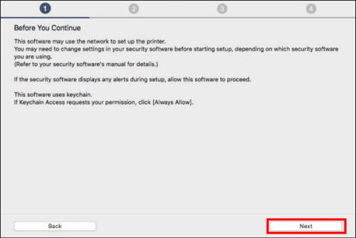Before You Continue screen: Click Next (outlined in red) to proceed