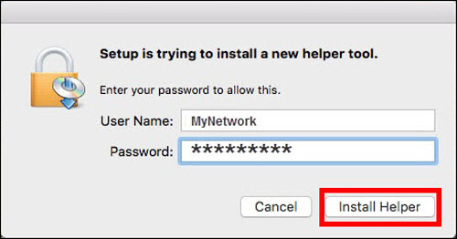Enter your user name and password for the computer, then click Install Helper (outlined in red)