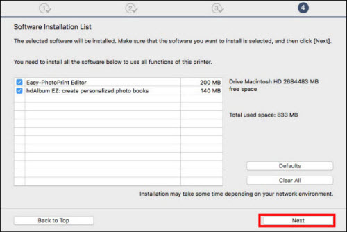 Software Installation List: Select any software you want to install, then click Next (outlined in red)