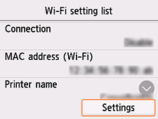 Wi-Fi setting list screen: Select Settings