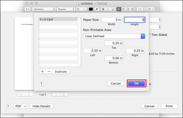 Specify the name and size for the custom paper size, then click OK (outlined in red)