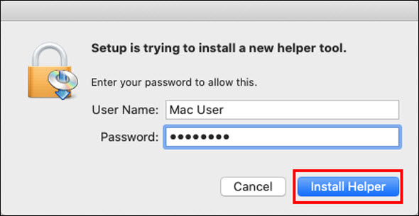 Enter your computer's password, then click Install Helper (outlined in red) to proceed