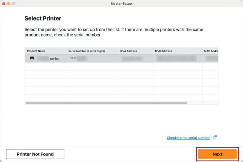 Select your printer from the list, then click Next (outlined in red)