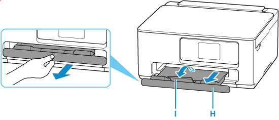 Pull out the paper output tray (I) and open the paper output support (J)