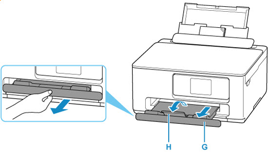 Pull out the paper output tray (H) and open the paper output support (I)