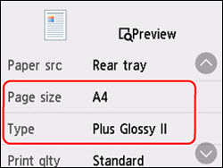 Specify the paper information (paper size and media type) outlined in red