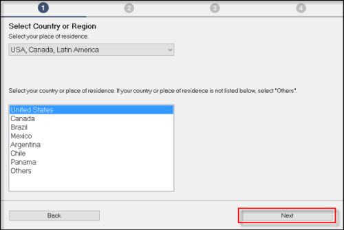 Select your country or region, then click Next (outlined in red)