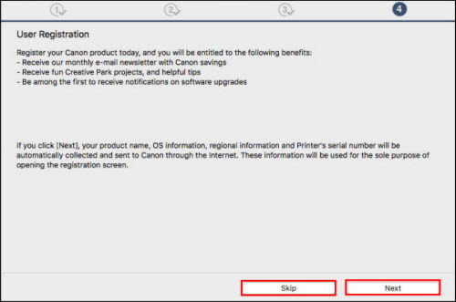 User Registration screen: Click Skip or Next (outlined in red)