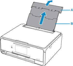 Printer viewed from the front with the rear tray cover opened and the paper support pulled up