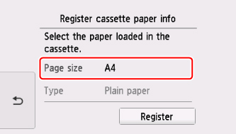 Page size and type selected on printer panel